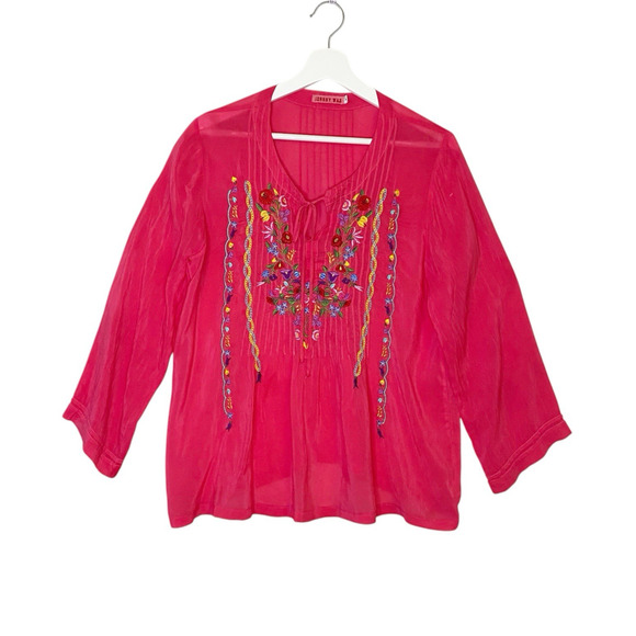 Johnny Was Emma Blouse Small Tie Front Embroidered Pink Bohemian Artsy Flawed - Picture 1 of 15